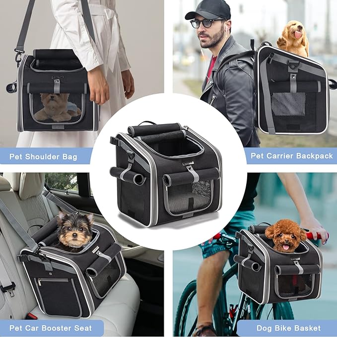 Dog Bike Basket, Expandable Soft-Sided Pet Carrier Backpack with 4 Open Doors, 4 Mesh Windows for Small Dog Cat Puppies-Black