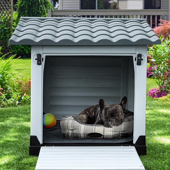 YITAHOME 36'' Large Double Door Dog House with Porch & Cushion, Outdoor Plastic Doghouse with Elevated Base, Easy to Install, Water-Resistant Pet House for Small Medium Dogs (36''L*27.1''W*26''H)