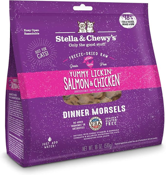 Stella & Chewy's Freeze-Dried Raw Cat Dinner Morsels – Grain Free, Protein Rich Cat & Kitten Food – Yummy Lickin’ Salmon & Chicken Recipe – 18 oz Bag