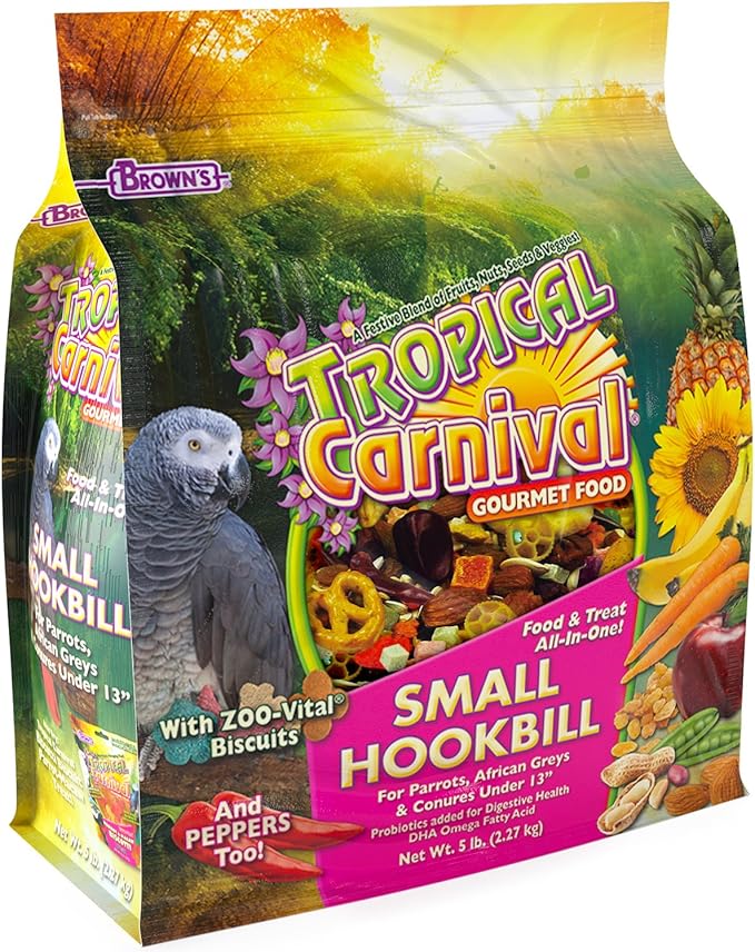 F.M. Brown's Tropical Carnival Gourmet Bird Food for Parrots, African Greys, and Conures Under 13", Probiotics for Digestive Health, Vitamin-Nutrient Fortified Daily Diet - 5 lb.