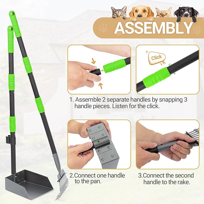 Heeyoo Dog Pooper Scooper, Dog Poop Tray and Rake Set, Pet Waste Removal Scoop with Long Adjustable Sectional Stainless Handles