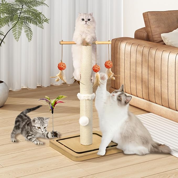 Cat Scratching Post, Sisal Scratching Posts for Indoor Cats Adults with Hanging Ball and Interactive Toys, 2 Mounting Methods Cat Scratcher for Kitten Cats, 25 inches