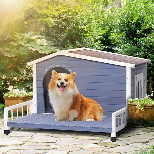 Petsfit Dog House Outdoor with Terrace & Openable Asphalt Roof, 40" L x 47" W x 28.5" H, Outside Dog House with Elevated Floor, Dog House for Small Medium Dogs