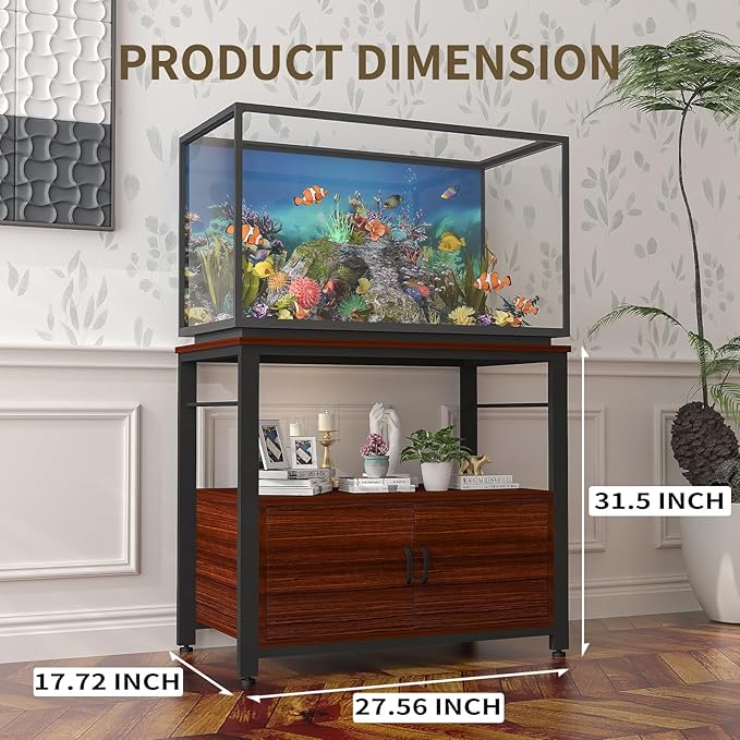 Fish Tank Stand Metal Aquarium Stand with Cabinet Accessories Storage 40-50 Gallon, Double Layer Metal with Storage Weight Capacity 760lbs, Black Teakwood Brown