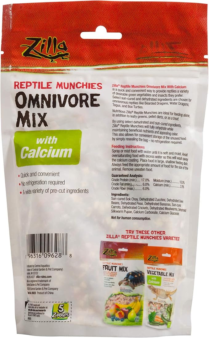 Zilla Reptile Munchies, Omnivore Mix with Calcium, Dehydrated and Sun Dried Vegetables and Insects, Natural with Added Calcium, Resealable Bag 4 oz.