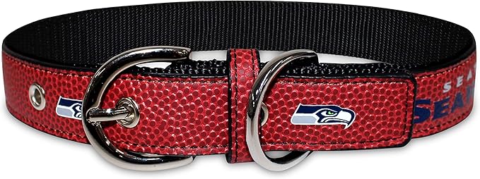 Pets First Tough Leather Pet Collar NFL Seattle Seahawks Premium Dog Collar, Limited Edition, Size Medium. Best & Strongest Heavy-Duty Dog Collar!, Medium (16-20"" Long & 1"" Wide) (SEA-3081-MD)