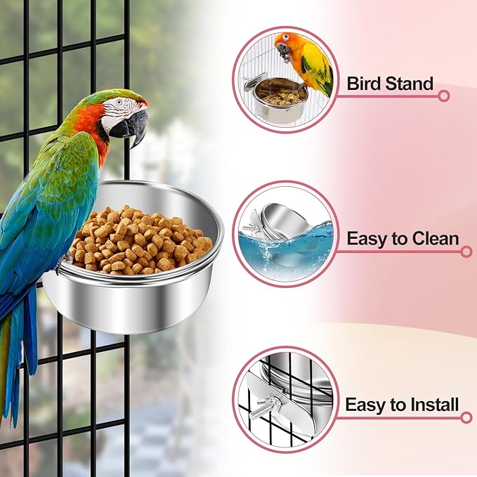 8 Pcs Stainless Steel Bird Food Bowls Bird Water Bowls with Clamp Holders, Bird Feeding Dish Cups Parrot Cage Coop Feeders for Cockatiel Conure Budgie Parakeet Macaw Lovebird Small Animal