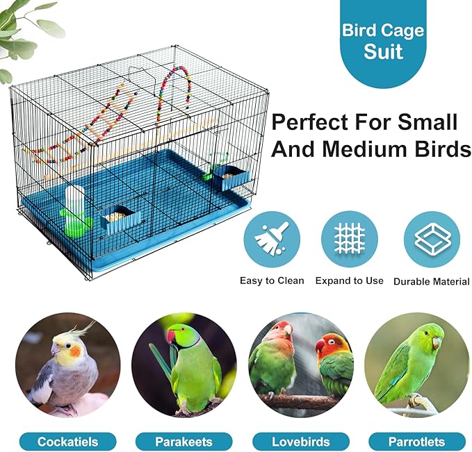 Bird Cage with Stand, Playtop, Perches, Removable Tray, and Doors for Small Parrots Parakeets Cockatiels Budgies Conures Quaker Parrot