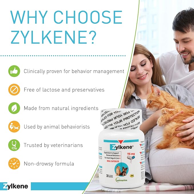 Vetoquinol Zylkene Calming Support Supplement for Small Dogs and Cats, Helps Promote Relaxation and Reduce External Stress Factors, Daily Behavioral Support and Anxiety Relief for Dogs and Cats, 75mg