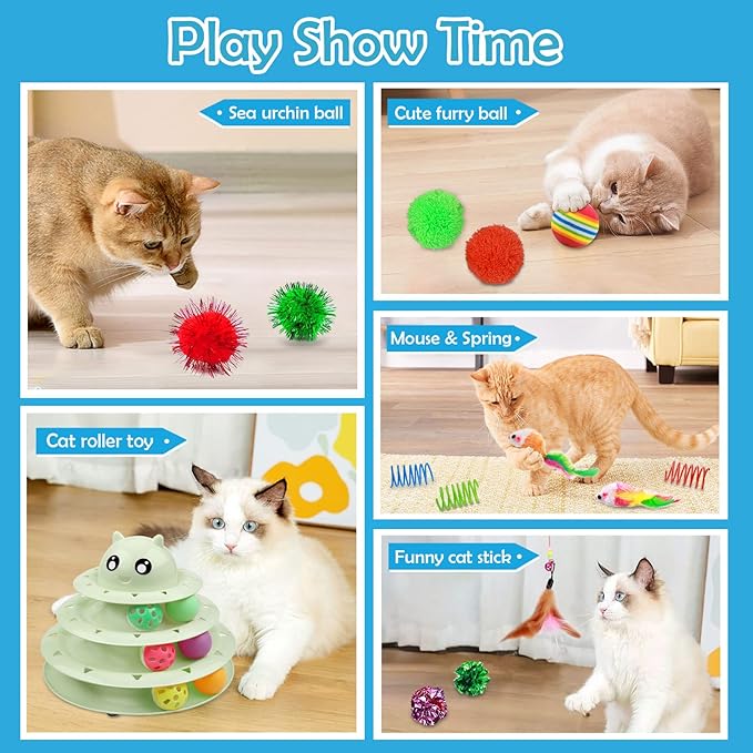 UPSKY 20 PCS Cat Toys, Cat Roller Toy 3-Level Turntable Cat Toys Balls for Indoor Cats, Kitten Toys Set with Cat Teaser Toys, Mice Toys, Spring toys, and Various Ball Toys.