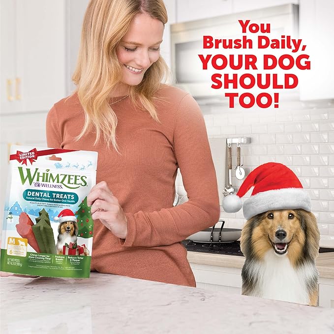 Whimzees by Wellness Holiday Natural Grain Free Dental Chews for Dogs, Medium Breed, 6 count