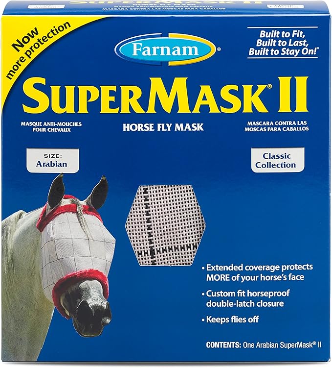 Farnam SuperMask II Fly Mask Without Ears for Smaller Horses or Arabian Horses,Full Face Coverage & Eye Protection from Insect Pests, Structured Classic Mesh with Plush Trim,Small Horse/Arabian Size