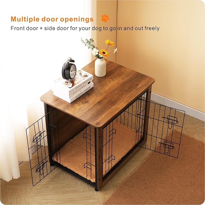 DWANTON Dog Crate Furniture with Cushion, Wooden Dog Crate with Double Doors, Dog Furniture, Dog Kennel Indoor for Small/Medium/Large Dog，End Table, Small, 27.2" L, Warm Brown