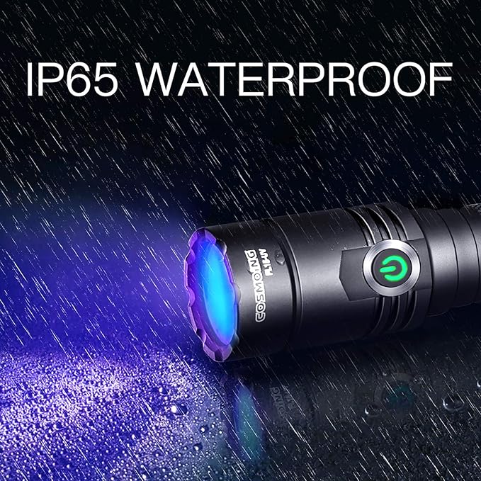 395nm UV Flashlight, COSMOING Upgrade Rechargeable Black Light, LED Ultraviolet Flashlight IP65 Waterproof Pet Urine Detector for Dog Cat Stains, Scorpion, Bed Bug, Household