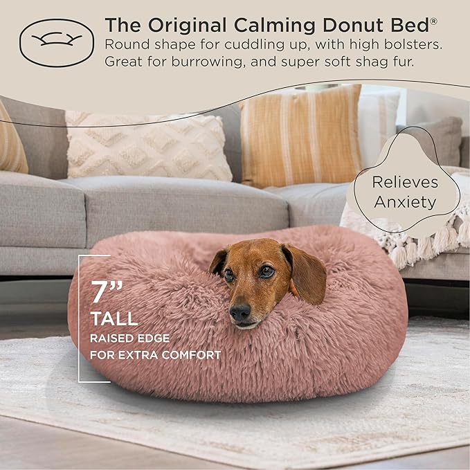 Best Friends by Sheri The Original Calming Donut Cat and Dog Bed in Shag Fur Dusty Rose, Small 23"