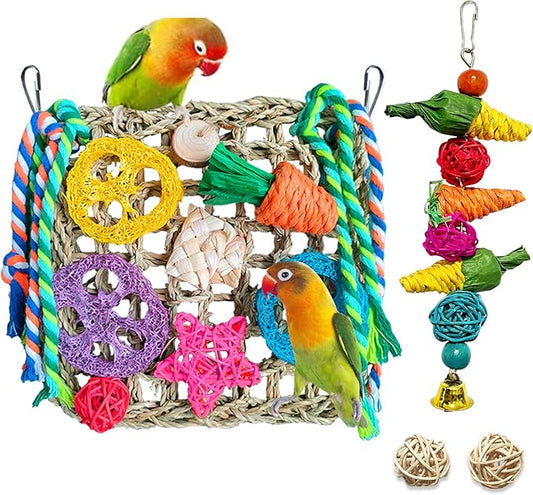 4 Pcs Parrot Toys, Foraging Shredding Seagrass Wall for Birds, Seagrass Woven Climbing Hammock Mat with Colorful Chewing Toys for Lovebirds, Parakeets, Budgerigars, Conure, Cockatiel