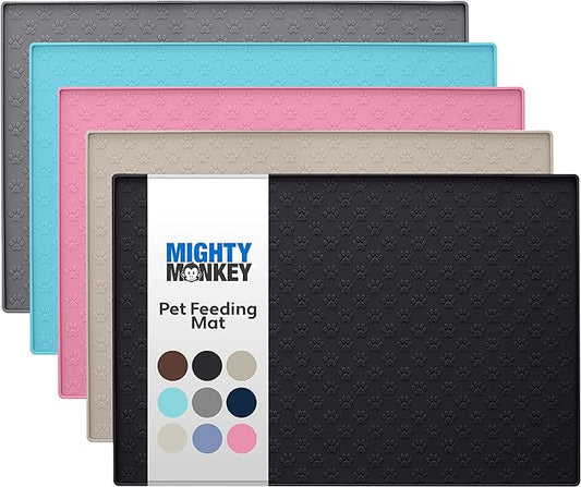 MIGHTY MONKEY 100% Waterproof Dog Food Mat, Raised Edges Silicone Pet Feeding Placemat for Cat, Dogs, Pet Bowls, High Lipped Tray Prevents Water Spills, Food on Floor, Dishwasher Safe, 18x12, Black