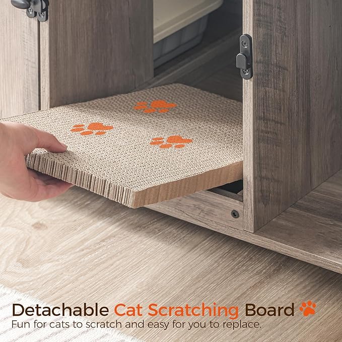 Cat Litter Box Enclosure for 2 Cats, 47.2" Hidden Cat Litter Box Furniture with Double Room, Wooden Cat Washroom Cabinet with Scratching Board, Indoor Cat House End Table, Greige CWHG1201