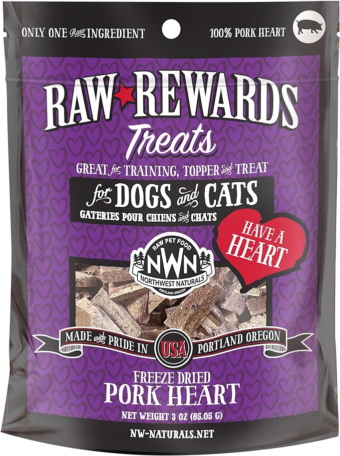 Northwest Naturals Raw Rewards Freeze-Dried Pork Heart Treats for Dogs and Cats - Bite-Sized Pieces - Healthy, 1 Ingredient, Human Grade Pet Food, All Natural - 3 Oz (Packaging May Vary)