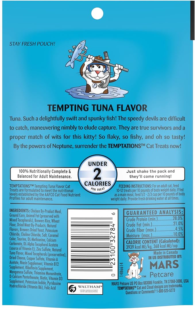 TEMPTATIONS Classic Crunchy and Soft Cat Treats Tempting Tuna Flavor, 3 oz. Pouch (Pack of 12)