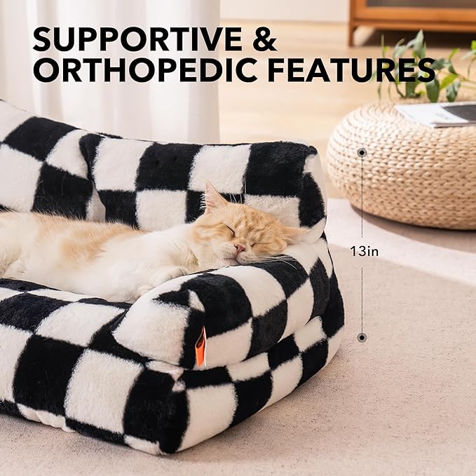 Pet Bed for Medium Small Cats and Dogs, Washable Puppy Sleeping Bed Cat Couch Pet Sofa Bed, Soft Calming Cat Sofa Beds for Indoor Cats Anti-Slip Bottom (Chessboard)