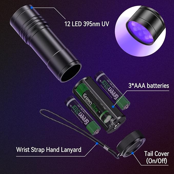 UV Flashlights, 2 Pack Black Light Flashlights with 12 LED and 395 nm Black Light for Pet Urine and House Stains Detecting, 6 AAA Batteries Included