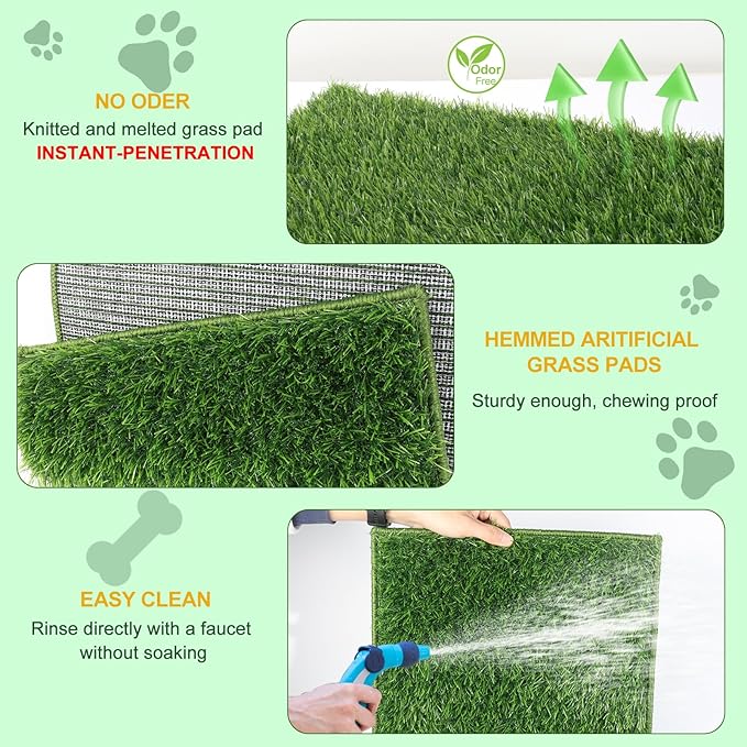 MEEXPAWS Dog Grass Pad with Tray/Foldable Liner Base Large, Dog Litter Box Artificial Grass Pee Pad for Indoor Dog Potty, Odor Free Instant-Penetration Hemmed Edge Dog Potty Grass, 2 PCS Reusable Pad