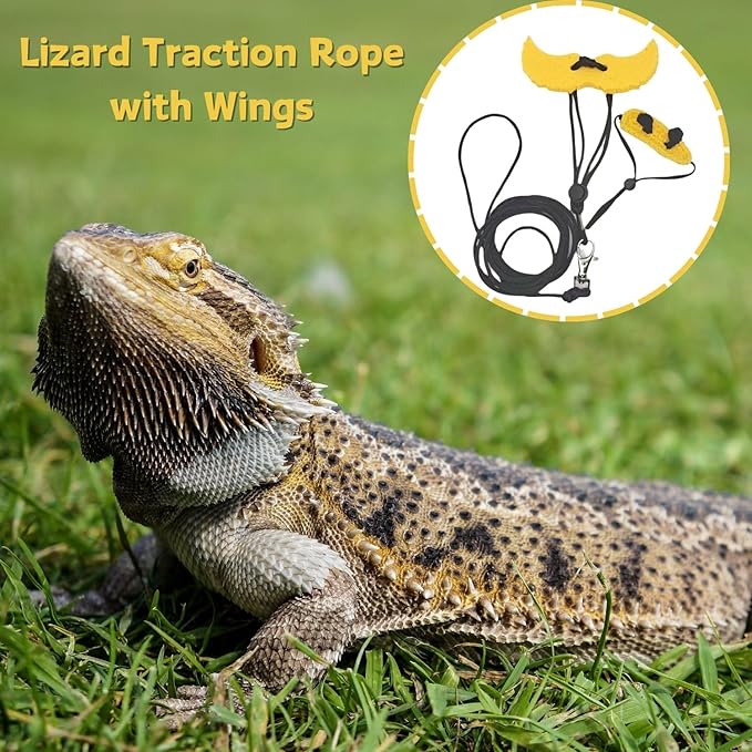 Bearded Dragon Harness and Leash Set - Adjustable Lizard Traction Rope with Wings Knitted Bee Hat Outdoor Walking Leash Escape Proof Reptile Bee Costume Accessories for Lizard Small Pets (Yellow)