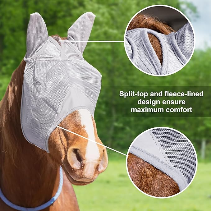 Horse Fly Mask, Elasticity Fly Mask with Ears UV Protection for Horse, Grey (Strengthen with Ears)