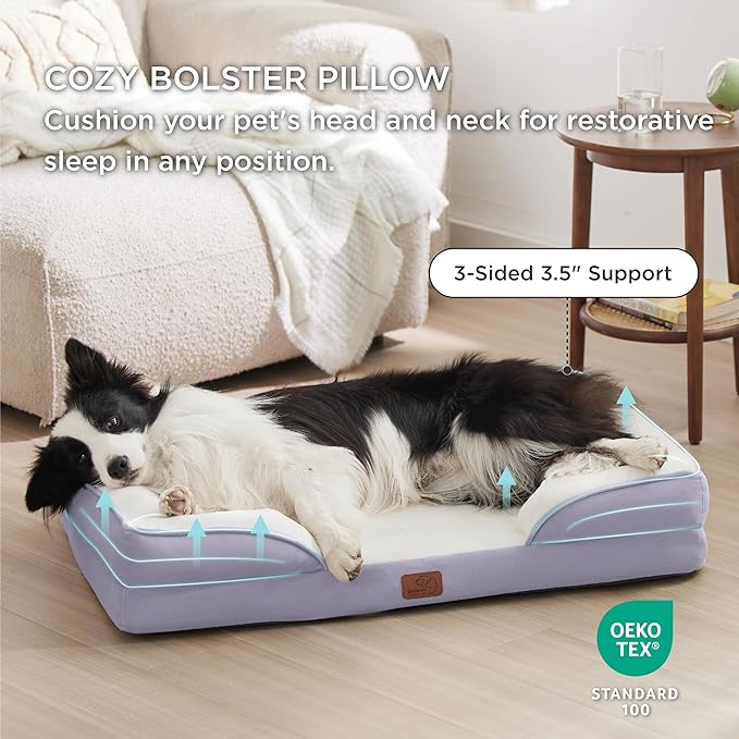 Bedsure Orthopedic Dog Bed for Large Dogs - Big Washable Dog Sofa Beds Large, Supportive Foam Pet Couch Bed with Removable Washable Cover, Waterproof Lining and Nonskid Bottom, Lavender