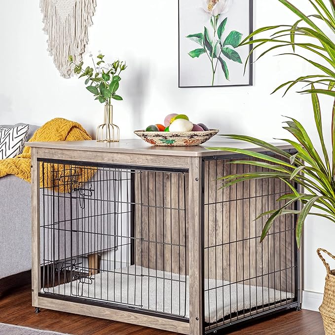 DWANTON Dog Crate Furniture with Cushion, Large Wooden Dog Crate with Double Doors, Dog Furniture, Indoor Dog Kennel, Dog House, Large, 38.5" L, Greige