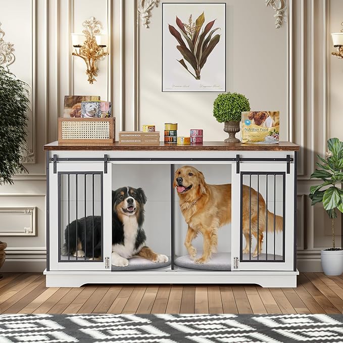 2-in-1 Double Dog Crate Furniture for 2 Dogs 60.6 Inch Pure White Sturdy Double Dog Kennel TV Stand with Divider and Sliding Doors