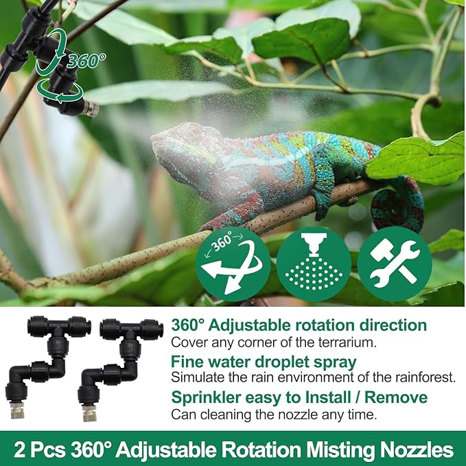 Reptile Humidifiers Smart Misting System for Reptile Terrariums, Reptile Mister Automatic with Timer, 360° Adjustable Misting Nozzles for Chameleons, Snake, Frog, Turtle, Lizard