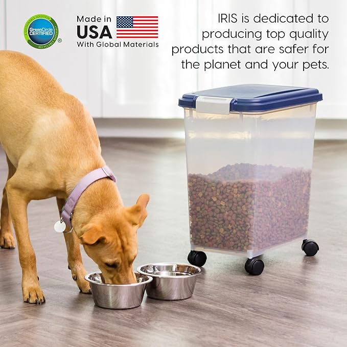 IRIS USA Airtight Dog Food Storage Container, Up to 30 lbs, Attachable Wheels, for Dog Cat Bird and other Pet Food Storage Bin, Keep Fresh, Easy Mobility, BPA Free, Navy