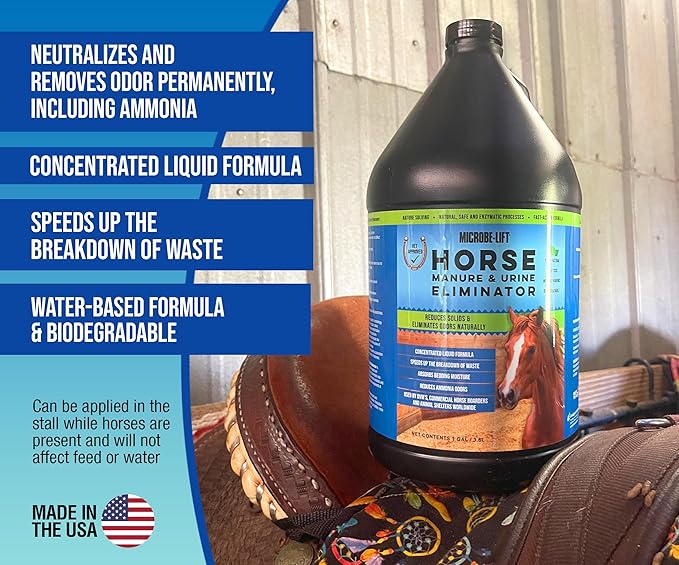 MICROBE-LIFT Horse Manure & Urine Eliminator for Use in Stables and Barns, Use on all Surfaces and Supplies, Ammonia Reducer, Highly Concentrated Formula, 1 Gallon