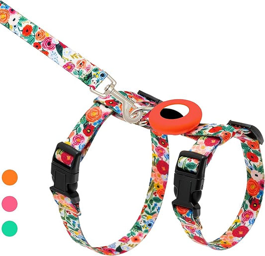 CUSOZWO Cat Harness and Leash Escape Proof for Walking Travel Outdoor - Cute Floral Nylon Adjustable Cute Cat Harness Leash Set with Airtag Holder for Small Large Cats