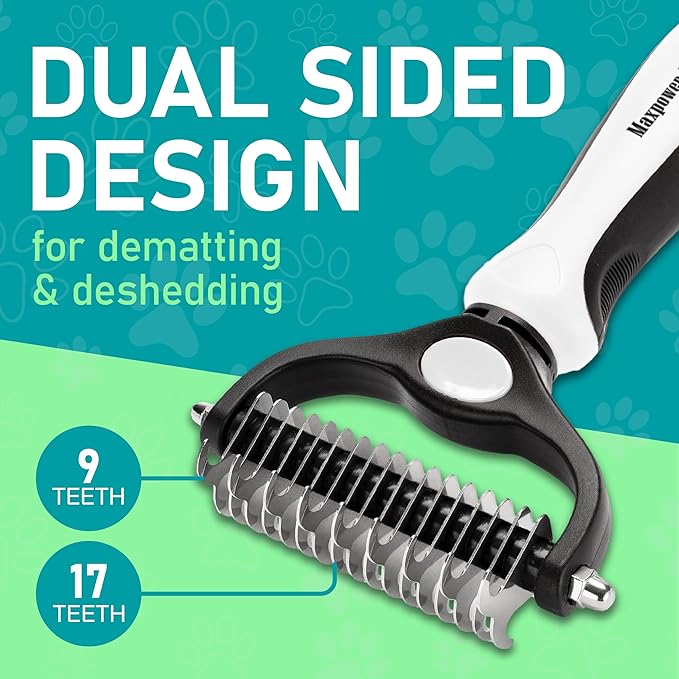 Maxpower Planet Pet Grooming Brush - Double Sided Shedding, Dematting Undercoat Rake for Dogs, Cats - Extra Wide Dog Grooming Brush, Dog Brush for Shedding, Cat Brush, Reduce Shedding by 95%, White