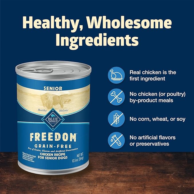 Blue Buffalo Freedom Grain-Free Senior Wet Dog Food, Free of Glutens & Artificial Preservatives, Made With Natural Ingredients, Chicken Recipe, 12.5-oz. Cans (12 Count)