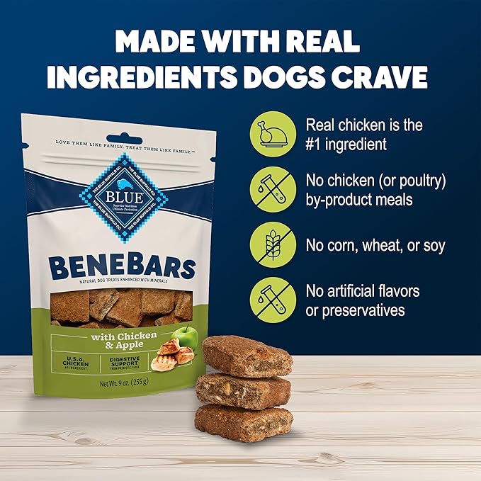 Blue Buffalo BeneBars Digestive Support Dog Treats with Prebiotic Fiber, Made with Natural Ingredients, USA Chicken & Apple, 9-oz. Bag