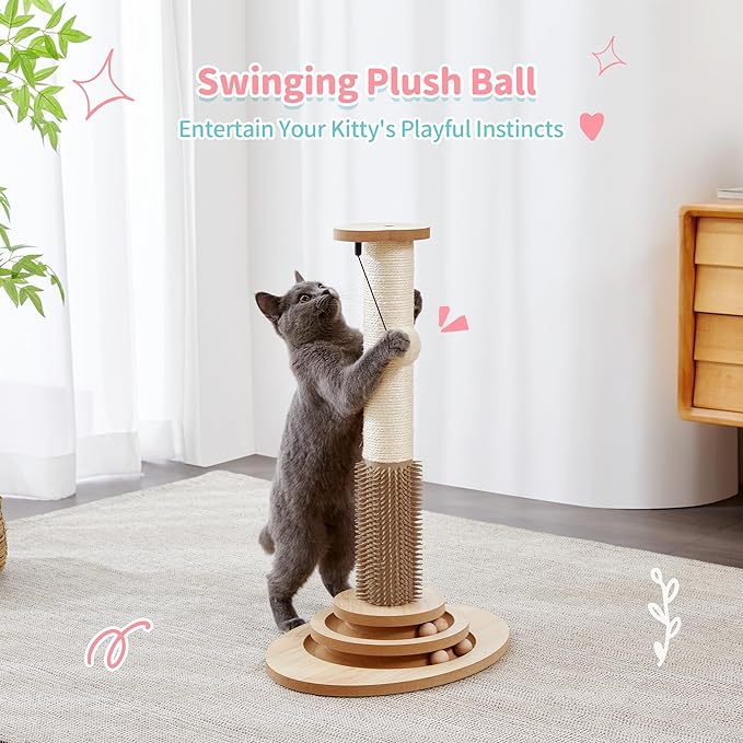 Made4Pets Cat Scratching Post, 23" Tall Sisal Scratcher Post with Cat Self Groomer, 4-in-1 Interactive Trackball Toys with Cat Hair Brush, Vertical Cat Climbing Tree with Dangling Plush Balls