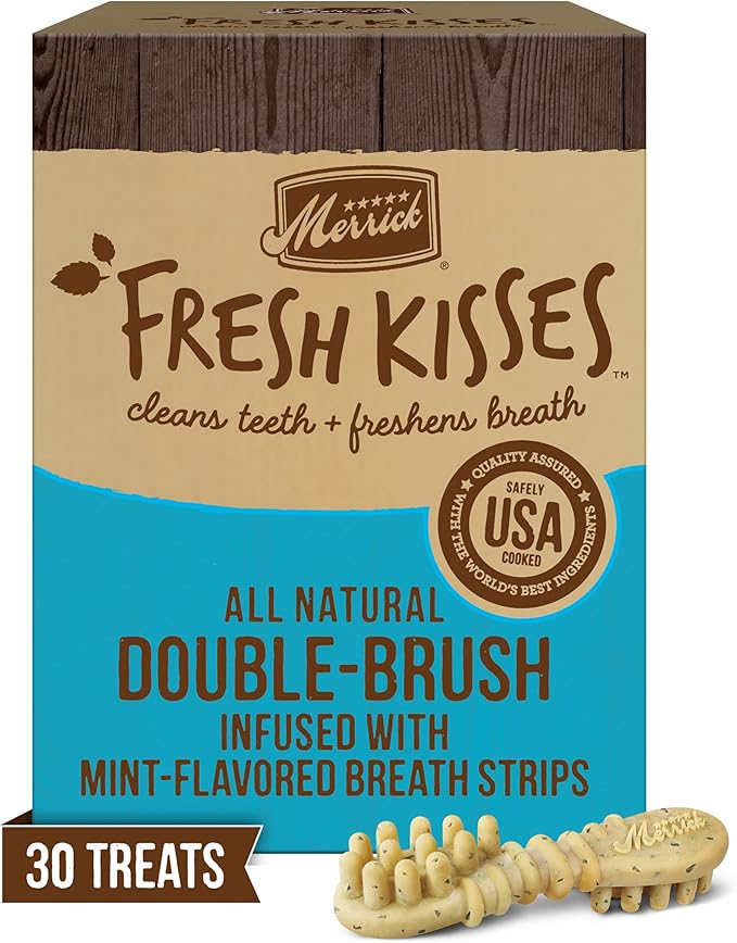 Merrick Fresh Kisses Natural Dental Chews Toothbrush Shape Treat Infused With Real Mint Medium Dogs - 30 ct. Box