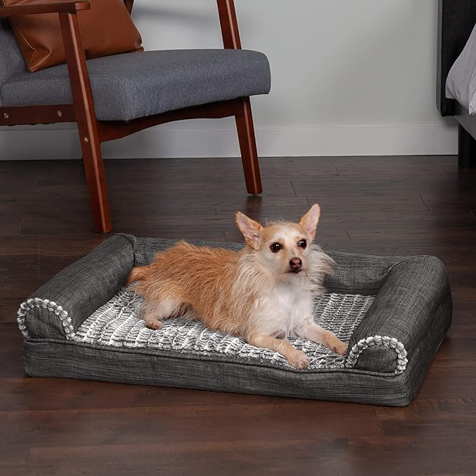 Furhaven Orthopedic Dog Bed for Medium/Small Dogs w/ Removable Bolsters & Washable Cover, For Dogs Up to 35 lbs - Luxe Faux Fur & Performance Linen Sofa - Charcoal, Medium