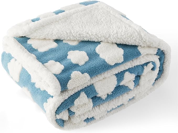 Lesure Waterproof Dog Blanket for Large Dogs - Washable Double Sided Dog Blankets with Warm Jacquard Shag and Soft Sherpa Fleece, Pet Cat blanket for Bed Protection, 3D Textured Cloud, Blue