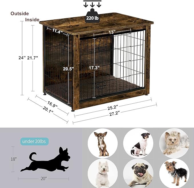 DWANTON Dog Crate Furniture with Cushion, Wooden Dog Crate with Double Doors, Dog Furniture, Dog Kennel Indoor for Small/Medium/Large Dog，End Table, Small, 27.2" L, Rustic Brown