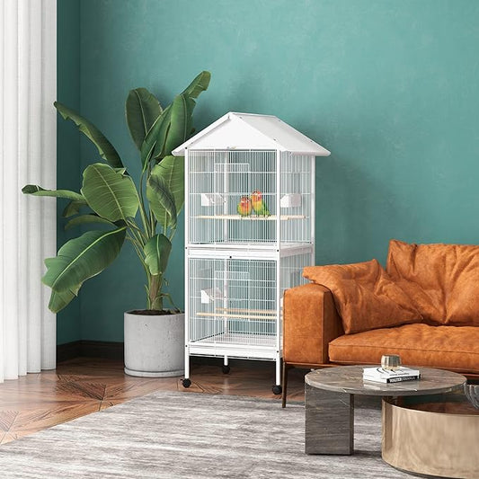 NicBex 67" Metal Bird Cage, Large Parakeet Cages with Stand,Pet Flight Birdcage for Parrot Lovebirds Finches Parakeets Budgie Parrotlet Conures,Bird Aviary Indoor with Rolling Stand,White