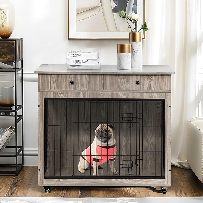 NicBex Dog Crate Furniture, 31.7" L Dog Crates for Medium Dogs, Medium Dog Crate with Drawers, Wooden Dog Kennel Indoor Pet Crate for Small Medium Dog, Grey