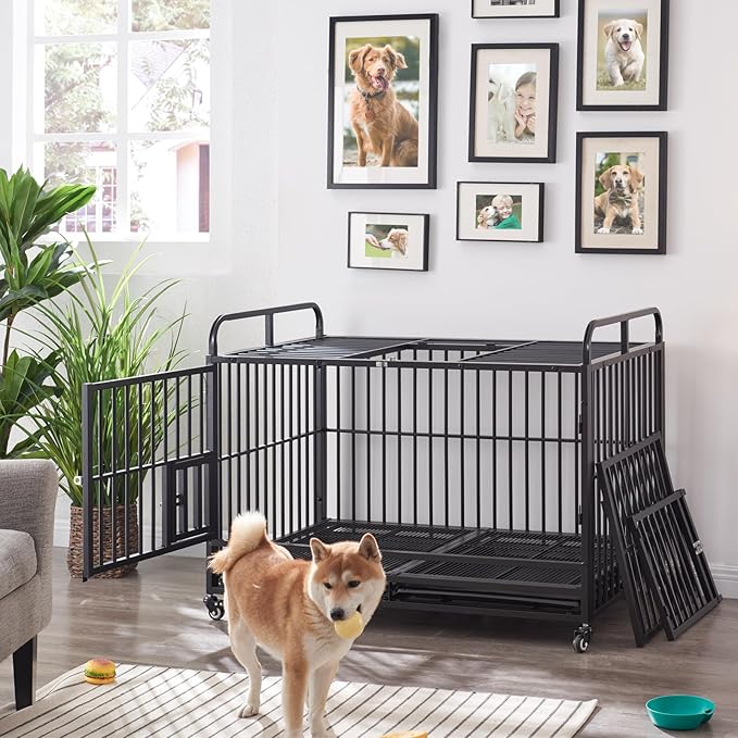 Lauren&Harold Large Dog Crate Furniture for Large Medium Dogs, 48 Inch Heavy Duty Dog Kennel Indoor with Wheels&Removable Tray, Dog Crates Cage House with Top Door&Feed Door