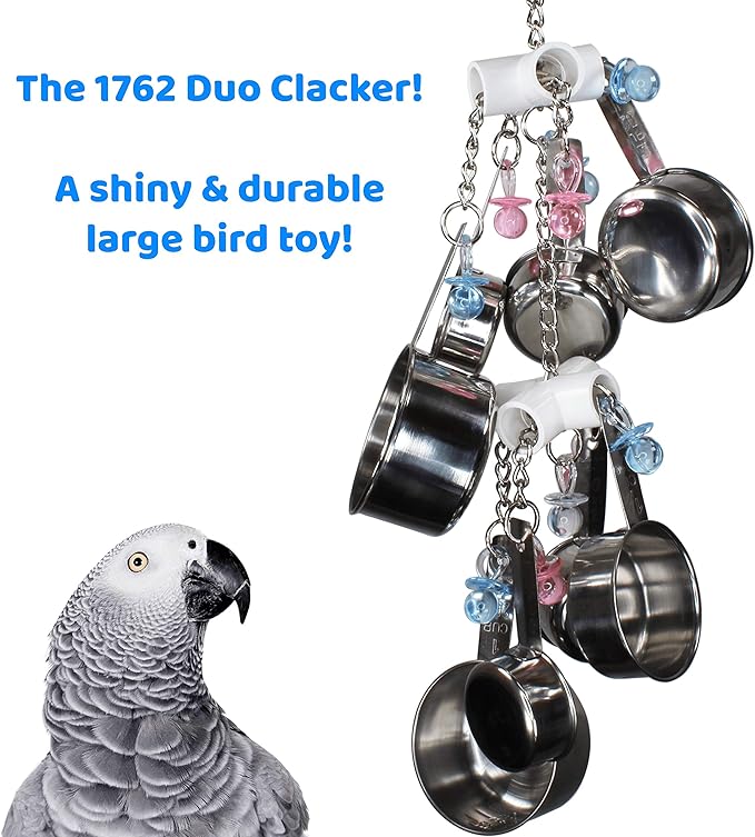 Bonka Bird Toys Clacker Colorful Durable Stainless Steel Pullable Parrot Macaw African Grey Cockatoo (Double Clacker, White)