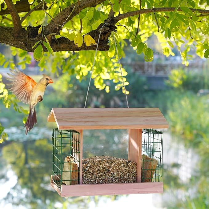 Wooden Bird Feeders with 2 Suet Cages, Large Capacity Handmade Wildbird Feeder for Outside Hanging, Pink