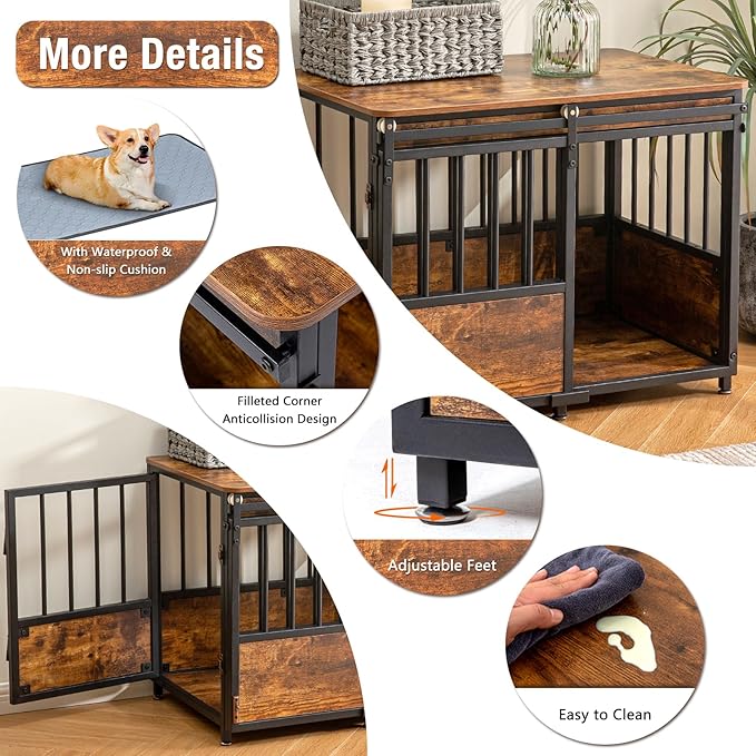 KOOPRO 32 Inch Dog Crate Furniture with Cushion for Large Medium Dogs, Wooden Heavy Duty Dog Kennel with Double Doors, Decorative Pet House Dog Cage Side End Table Indoor, Sliding Door Chew-Resistant